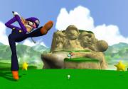 Waluigi schlägt ab, im Hintergrund erhebt sich majestätisch der Mount Mario.