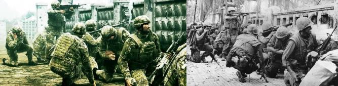 Identische Szene: Links seht ihr einen sogenannten Target-Screenshot zu Operation Flashpoint 2 (Dragon Rising), rechts das Original-Foto, das höchstwahrscheinlich aus dem Vietnamkrieg stammt.
