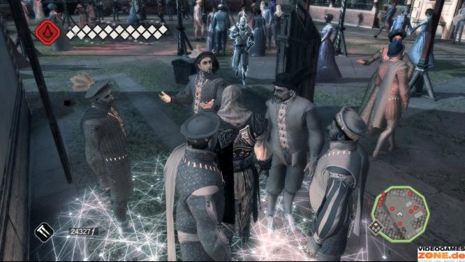 Weiter geht es auf dem Karnevalsfest, dessen Position auf der Karte vermerkt ist. Nach der Zwischensequenz beginnen Wachen damit, die Menge nach Ezio zu durchsuchen. Um unentdeckt zu bleiben, taucht ihr zwischen den Partygästen unter.