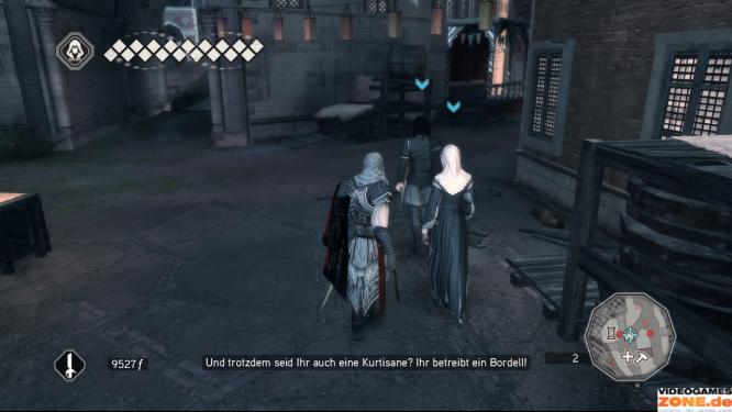 Um in die Nähe des nächsten Mannes auf der Todesliste, Marco Barbarigo, zu gelangen, benötigt Ezio
eine goldene Maske als Eintrittskarte für eine Feier. Teodora hat eine Idee, wie wir in den Besitz einer solchen kommen. Also eskortieren wir sie und Federico auf deren Spaziergang.