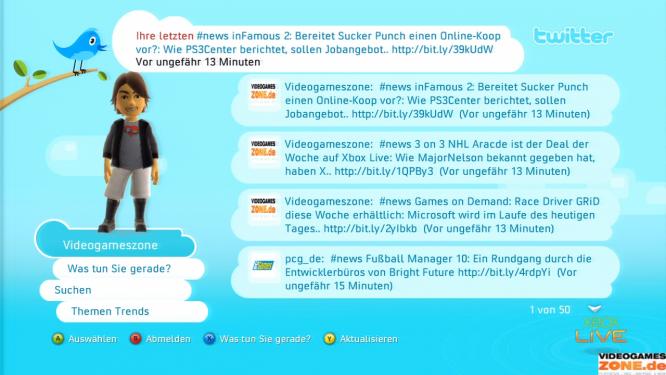 Videogameszone twittert. Wohl aber nie über Xbox 360. Denn das ist zu umständlich. Wer uns verfolgen will, der schaut auf www.twitter.com/videogameszone