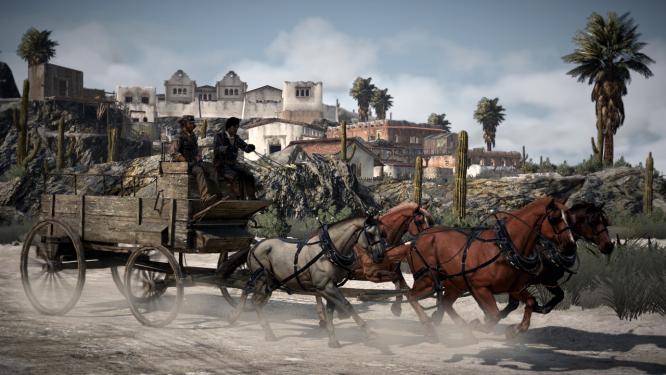 Zusammen mit Reyes (rechts) reitet John Richtung Fort. Während der Fahrt unterhalten sich die beiden, lange Strecken überbrückt Red Dead Redemption mit einer kurzen Zwischenblende.