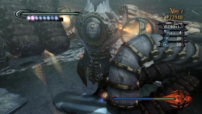 Na, habt ihr Bayonetta gefunden? Sie ist das kleine Pixelhäufchen knapp unterhalb der Bildmitte. Das ist halt mal ein echt dicker Endgegner!