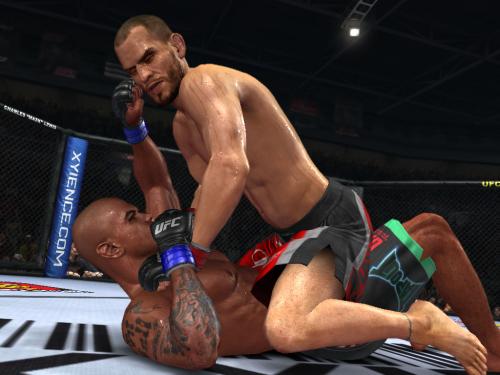 Auch in der Unterlage könnt ihr euren Gegner niederschlagen. Hier baut sich Jon Fitch (oben) mit dem neuen Posture-System auf, fängt sich aber eine linke Gerade von Thiago Alves (unten) ein.