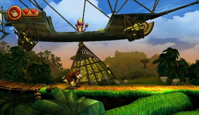 Trotz simpler Seitenperspektive wirkt das Spiel äußerst lebhaft. Die vielen Hintergrund-Objekte, so wie hier das wankende Bananenschiff, bringen das Dschungelgefühl super rüber!