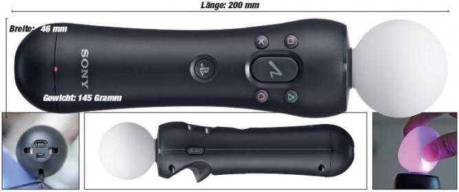 Die PlayStation-Move-Fernbedienung ist 20 cm lang und 4,6 cm breit. Das Gewicht beträgt 145 Gramm.