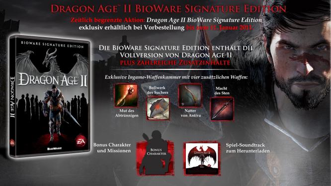 Electronic Arts und Bioware haben eine Signature Edition für Dragon Age 2 angekündigt. Wer sich das SPiel bis zum 11. Januar vorbestellt, erhält diese Spielversion automatisch - ohne einen Cent extra zu bezahlen. 