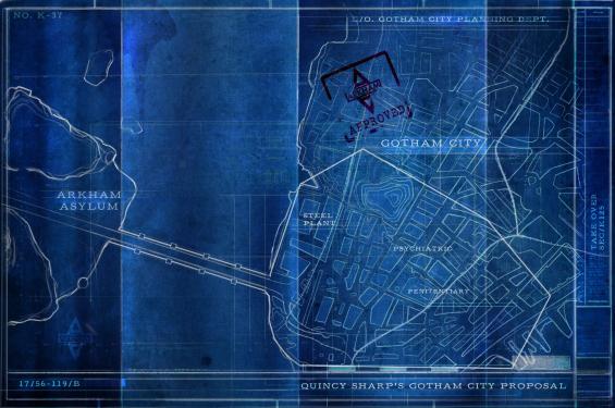 Eine Karte von Gotham City zeigt die Spielwelt des nächsten Batman-Titels Batman: Arkham City.