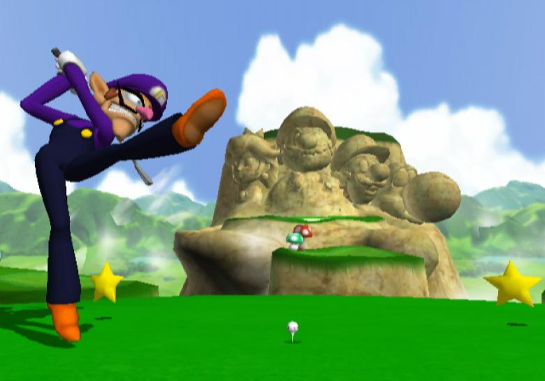 [08/07/03] Waluigi schlägt ab, im Hintergrund erhebt sich majestätisch der Mount Mario.