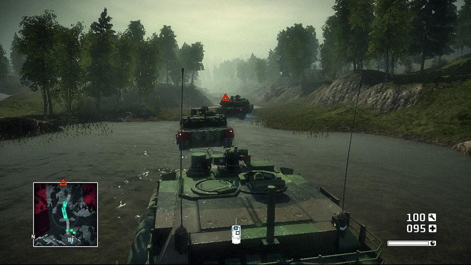 [08/07/08] Diese fetten Ami-Panzer gilt es in dieser Mission zu beschützen. Die Landschaftsgrafik kann es, abgesehen von den leicht matschigen Bodentexturen, durchaus mit Call of Duty 4 aufnehmen.
