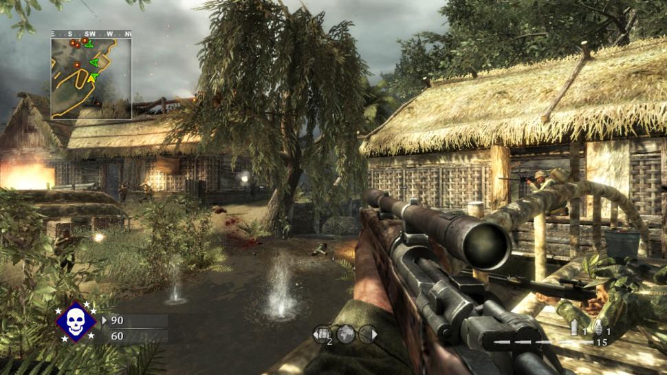[15/03/09] Call of Duty: World at War (dt.): Screenshot aus dem Mappack. “Knietief” spielt auf der Insel Peleliu in einem einst friedlichen Dorf, das nun zum Kommandozentrum der Japaner wurde. Die Truppen kämpfen sich durch den Dschungel mit dem Ziel, wichtige Daten aus dem Zentrum zu sichern, laufen knietief durch Gewässer und beziehen Position in befestigten japanischen Bunkern, um diese wichtige Stellung gleichzeitig zu erobern. Ideal für alle Kampfszenarien und entworfen für größere Team- und Ziel-basierte Spiele.