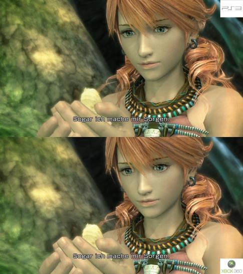 [08/03/10] Final Fantasy 13-Grafikvergleich PS3 (oben) vs. Xbox 360 (unten). Beide Spiele wurden in 720p mittels HDMI-Kabel aufgezeichnet. Um den Screenshot zu vergrößern, klickt ihr auf "Screenshot in HD".
