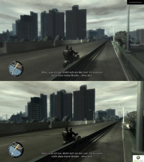 [14/04/10] Screenshot-Vergleich zwischen der PS3- (oben) und Xbox-360-Version (unten) von GTA 4: Episodes from Liberty City. Hinweis: Klickt auf "Bild in Originalgröße", um euch den entsprechenden Vergleich in der vollen Auflösung anzuschauen. (1)