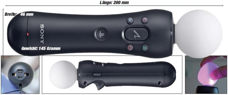 [31/08/10] Die PlayStation-Move-Fernbedienung ist 20 cm lang und 4,6 cm breit. Das Gewicht beträgt 145 Gramm.