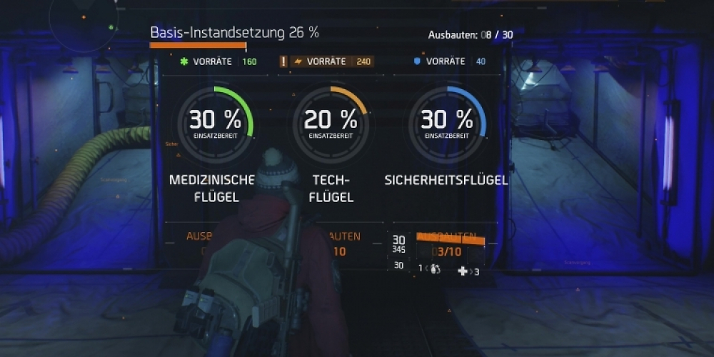 Ausbaustatus der Operationsbasis in The Division von Ubisoft im Eingangsbereich.