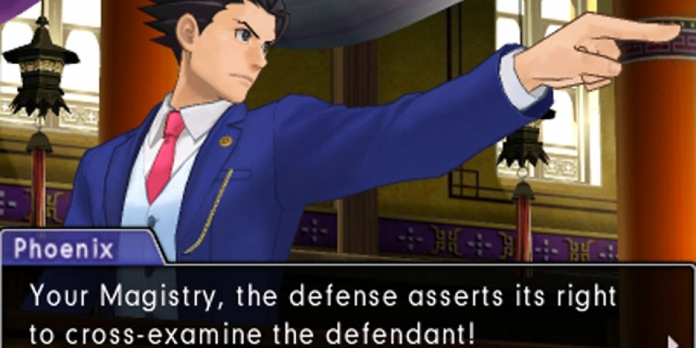 Ausgestreckter Zeigefinger, zurückgegelte Haare, blauer Anzug: So kennen und lieben wir Phoenix (mit einer Laissez-faire-Ausnahme in Apollo Justice) seit dem ersten Teil.