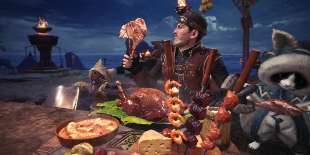 Monster Hunter World-Charakter beim Festmahl vor der Monsterjagd. 