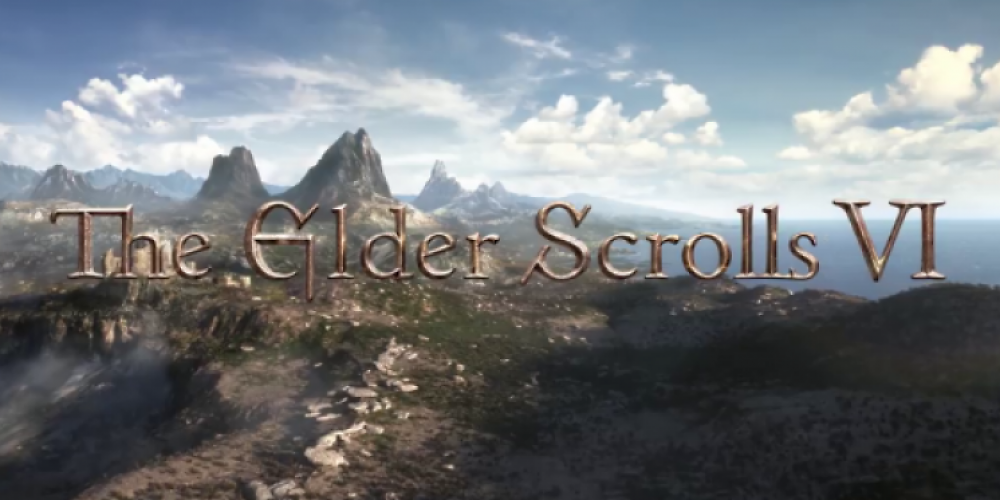 Das The Elder Scrolls 6-Logo vor einer Bergkette.