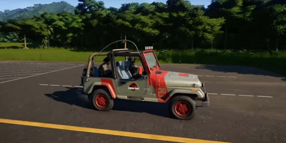 Klassischer Jeep aus dem Kinofilm Jurassic Park von 1993 im Aufbauspiel Jurassic World Evolution.