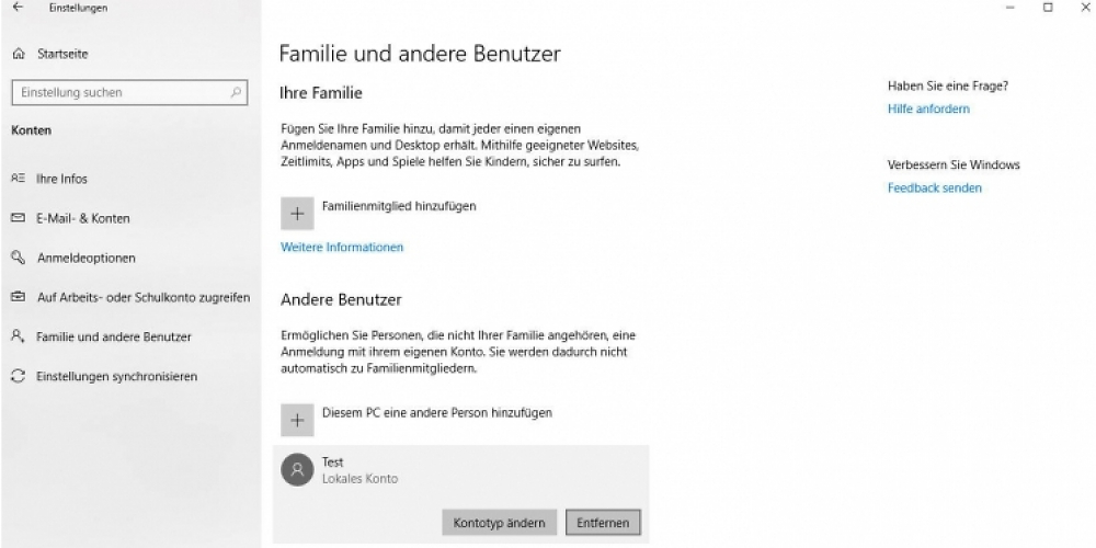 Konten-Übersicht in den Windows-Optionen