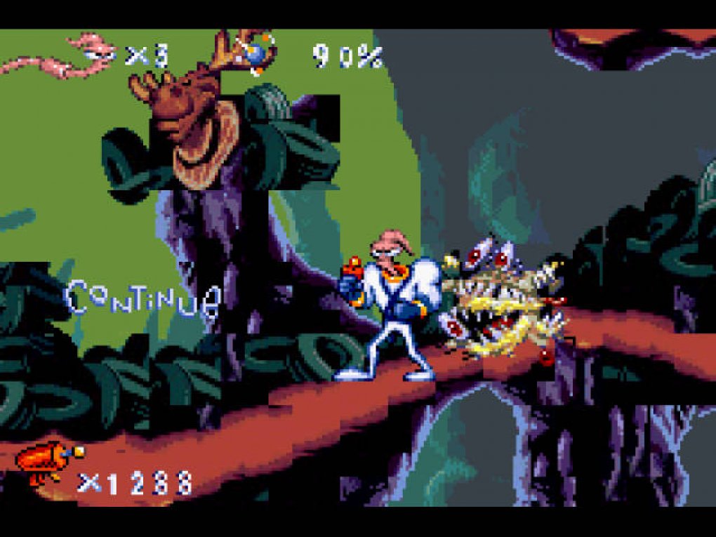 Earthworm Jim ist kein einfaches Spiel. Um gegen die zahlreichen Gegner zu bestehen, müssen wir geschickt ausweichen und unseren Blaster einsatzbereit haben.