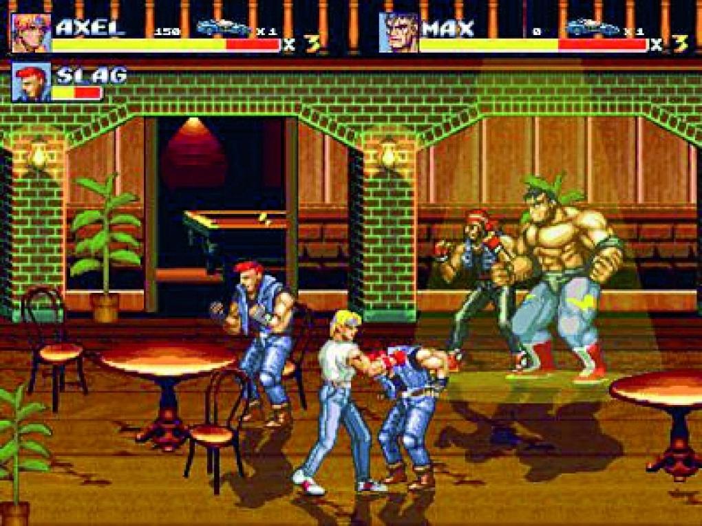 Streets of Rage 2 (1992)
Eine Ikone für Segas 16-Bit-Ära ist das Prügelinferno Streets of Rage 2 – auch wegen seiner unverwechselbaren Musikuntermalung von Altmeister Yuzo Koshiro. Ein oder gleichzeitig zwei Spieler dreschen nach allen Regeln der Kunst bizarren Muskelmännern in acht Levels die Seele aus dem Leib. Wer auf das Genre steht, darf gerne auch der Golden Axe-Reihe, den beiden anderen Streets of Rage-Teilen, oder dem Punisher eine Chance geben.