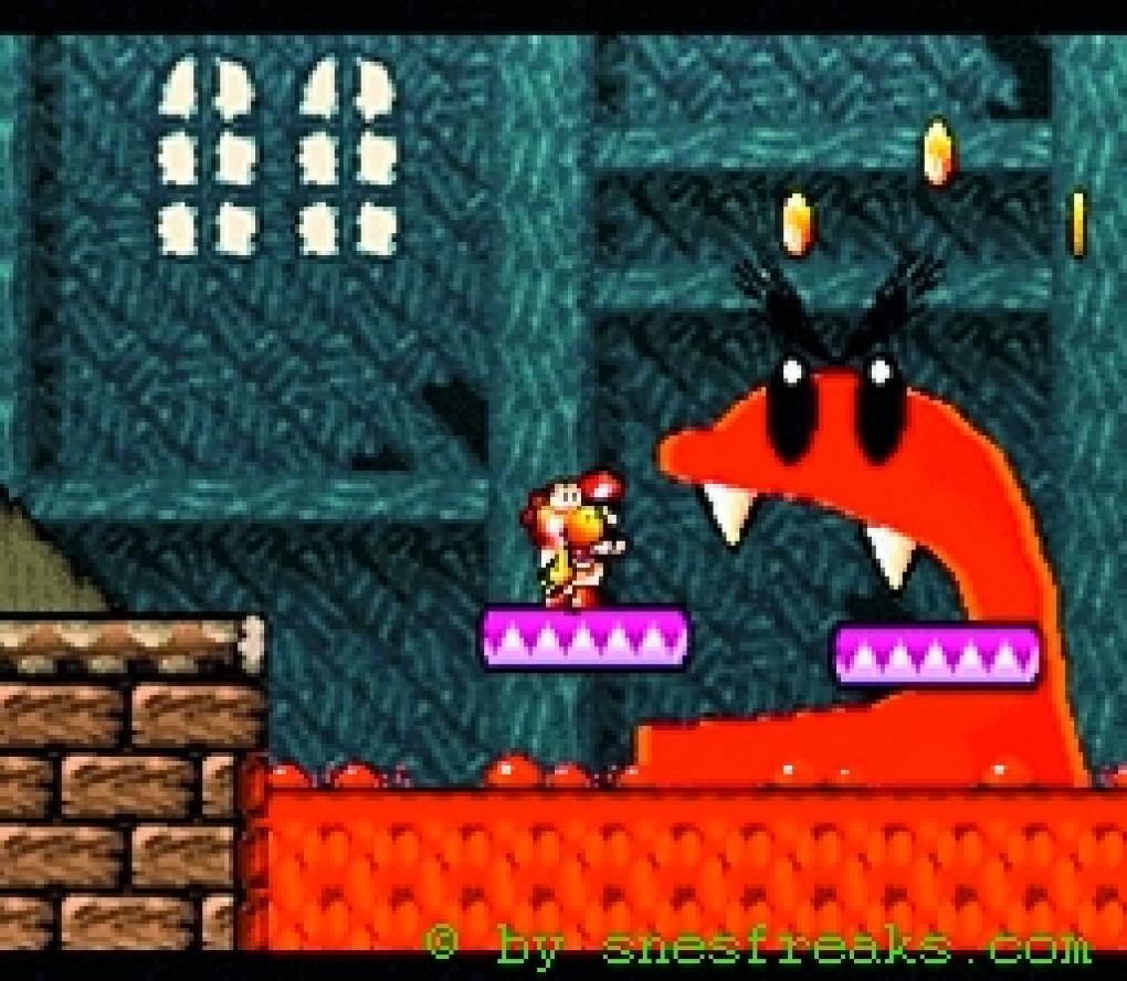 Super Mario World 2: Yoshi’s Island (1995)
Für eine Nintendo-Konsole muss ein Mario-Spiel in unserer Empfehlungsliste oben mitmischen. Wobei Mario bei Yoshi’s Island eigentlich eine Nebenrolle spielt. Der Spieler hüpft nämlich mit Saurier Yoshi durch die sechs kunterbunten Welten, während Mario als Baby auf dessen Rücken hockt. Yoshi kann Gegner nicht nur ausschalten, indem er auf deren Köpfe springt, sondern auch indem er mit Eiern schießt. Ein würdiger Nachfolger von Super Mario World!