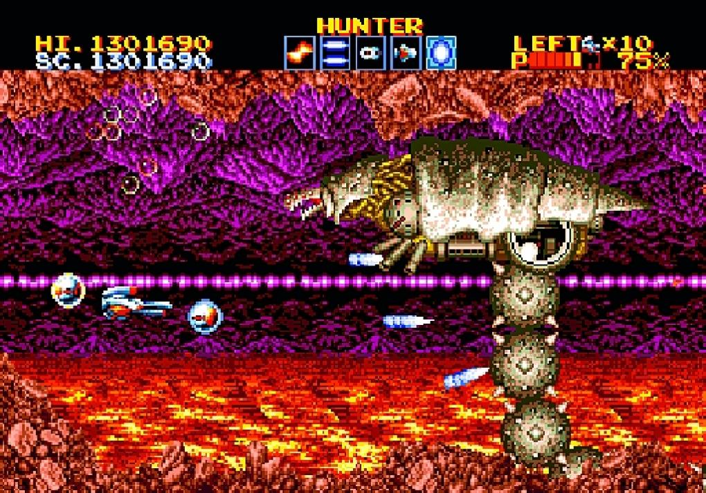 Thunder Force 4 (1992)
Ein Raumschiff, das zu einem Heavy-Metal-Gitarrenriff vor einem Thunder Force-Schriftzug entlangfliegt: Nach dieser Intro-Sequenz ist es mit der Beschaulichkeit vorbei, denn das Weltraum-Ballerspiel ist sauschwer. Allerdings auch saugut. Wer nach den acht Levels noch nicht genug hat, sollte auch Genre-Kollegen wie Hellfire oder Gleylancer probieren; wer Vertikal-Shooter lieber mag, spielt unbedingt Musha Aleste.
