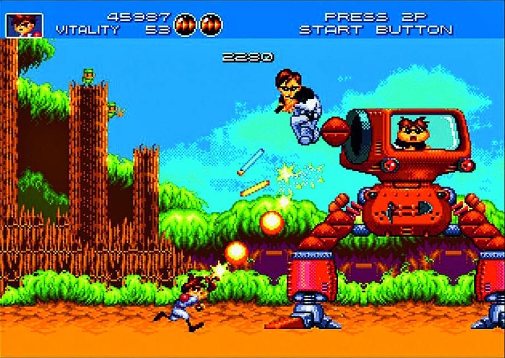 Gunstar Heroes (1993)
Die japanischen 2D-Action-Experten Treasure (Ikaruga) zünden hierbei ein echtes Feuerwerk. Ihr ballert euch mit Ihrem Helden Blue (oder Red) durch Levels, die bei jedem Epileptiker sofort einen Anfall verursachen. Abgefahrene Bossgegner und Extrawaffen halten Sie lange bei der Stange. Abgeschmeckt wird das Ganze mit netten Gags. Es ist eine Schande, dass auch heute noch einige Mega-Drive-Spieler diese Perle nicht kennen.