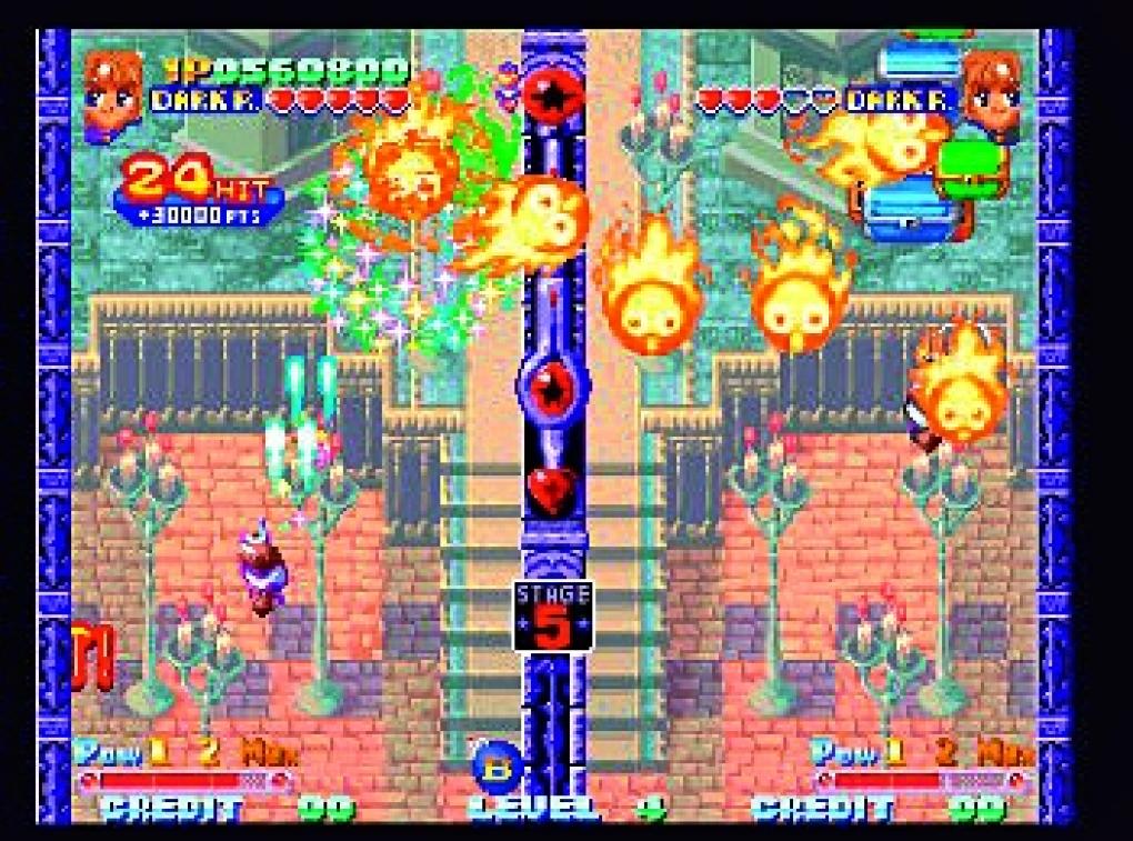Twinkle Star Sprites (1996)
„Nanja Monja!“ Die Charaktere in dieser innovativen Ballerei reden zum Teil merkwürdiges Kauderwelsch und sehen noch merkwürdiger aus. Auch das Spielprinzip ist merkwürdig: Ihr ballert Viecher ab, die sich in Feuerbälle verwandeln und dann Ihren Gegner auf der anderen Bildschirmhälfte treffen können. Doch zu zweit lässt es der Shooter mächtig krachen. Wer es draufhat, produziert riesige Kettenreaktionen. Genial!