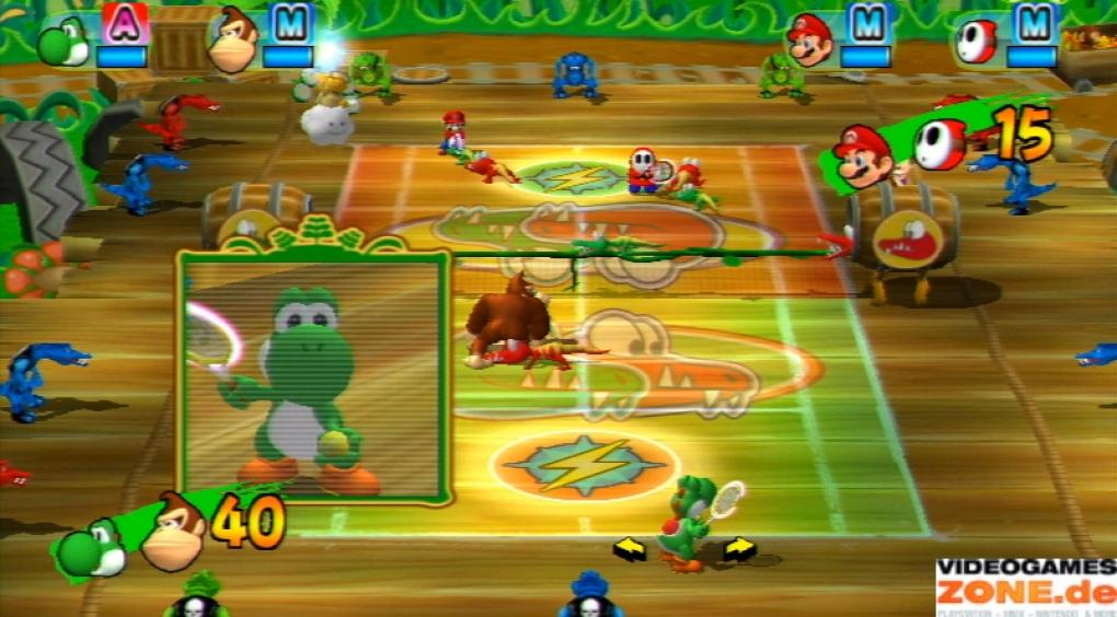 Mario Power Tennis (NPC) - HUHUUU! Links im Bild seht ihr die neuen Zoom-
Fens­ter, die euch oder den Ball in Nahaufnahme zeigen.