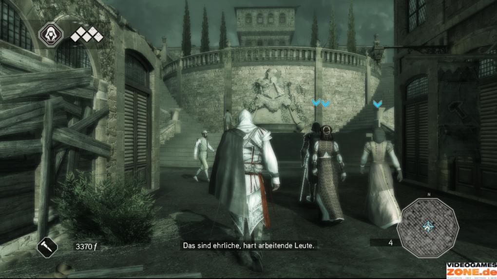 In Monteriggioni lassen Sie sich von Onkel Mario durch die Stadt führen. Danach schickt Mario Sie zum Einkaufen in die Stadt: Beim Schmied erwerben Sie Lederstiefel und einen Dolch, danach kaufen Sie beim Apotheker Medizin.