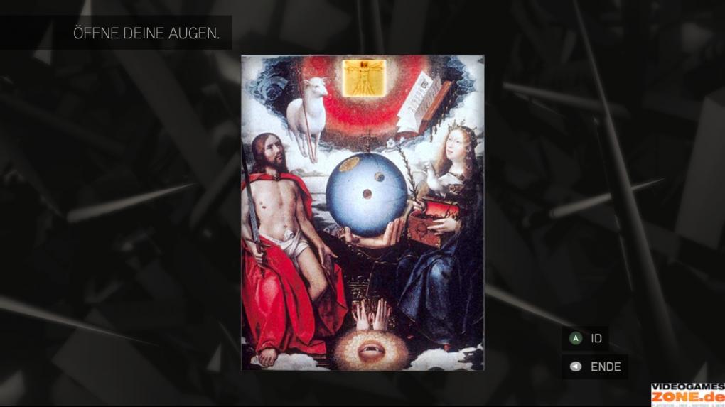 Beim letzten Bilderpuzzle dreht ihr als erstes den zweiten Ring von innen so, dass die Hand nach unten zeigt, welche die Erdkugel hält. Danach dreht ihr den innersten Kreis nach links, bis sich die Sonne mit dem Auge in der Mitte auf dem höchsten Punkt des Bilds befindet. Als nächstes bewegt ihr den dritten Kreis von innen nach rechts, bis der Bildabschnitt zu der Zeichnung auf Ring vier passt. Jetzt wechseln sie zum vierten Ring von innen und drehen ihn nach links, bis er mit den Abbildungen auf dem äußersten Ring zusammenpasst. Jetzt müsst ihr nur noch den äußersten Ring nach links verschieben, bis der Mann auf der linken Seite und das Schaf darüber sichtbar sind. Anschließend wechselt ihr zurück zum innersten Ring und schiebt ihn nach rechts, bis das Bild komplett ist. Auf dem vollständigen Gemälde markiert ihr ganz oben die stilisierte Sonne. Bei der Passwortabfrage ist die Zeichenfolge egal, denn nicht umsonst wird das Assassinen-Credo „Nichts ist wahr, alles ist erlaubt“ eingeblendet. Anschließend berührt ihr noch mit dem Edensplitter alle Knochen des Skelettes, dann habt ihr das letzte Puzzle gelöst und könnt euch das Video „Die Wahrheit“ ansehen. (2)