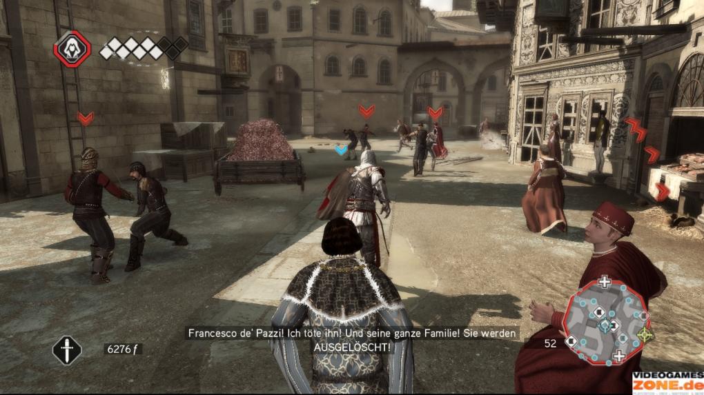 Anschließend eskortieren Sie Lorenzo de’ Medici zu seinem Stadthaus. In den Straßen toben Kämpfe, doch erst kurz vor dem Ziel muss Ezio selbst zur Waffe greifen. Die Wachen lassen sich von hinten aufspießen, während sie mit Lorenzos Männern beschäftigt sind.