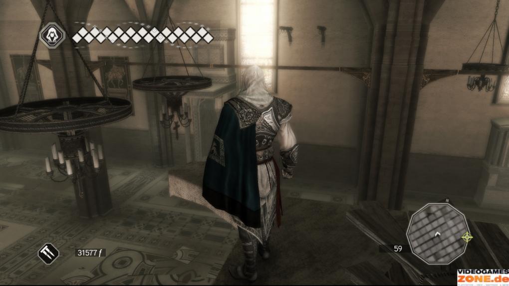 Das Bild zeigt euch den Weg vom Vorsprung mit den Tauben auf die andere Seite der Kathedrale. Springt bis zur nächsten Leiter und lauft über die Balustrade am östlichen Ende des Gebädes auf die andere Seite, wo sich Ezio eine Etage nach oben ziehen kann.
