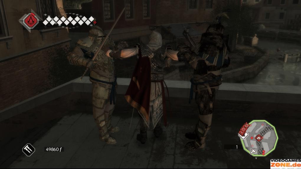 Bevor Antonios Männer Feuer entzünden können, die Ezio bei seinem Flug Aufwind verschaffen, müsst ihr erst alle Soldaten bei den sieben roten Fadenkreuzen töten. Die Gegner befinden sich sowohl am Boden als auch auf Dächern und lassen sich am schnellsten mit den verborgenen Klingen beseitigen.