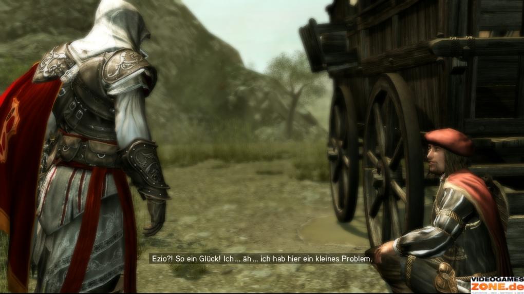Über den Pfad westlich der Stadt reist ihr auf dem Rücken eines Pferdes in die Berge. Dort trefft ihr auch sogleich auf Leonardo, dessen Wagen Ezio in der Zwischensequenz repariert.
