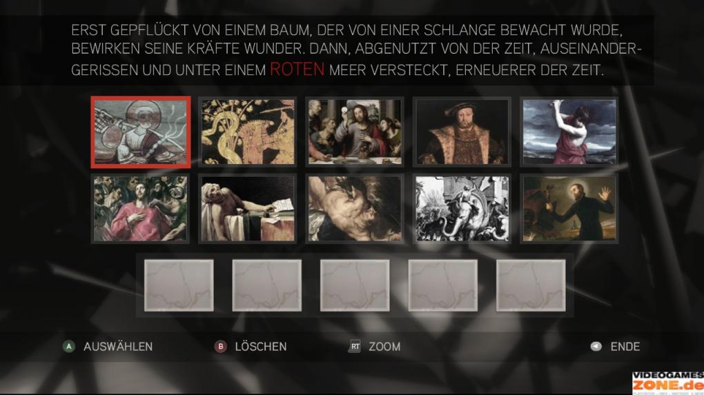 Bei der Bilderreihe markiert ihr die Gemälde, auf denen die abgebildeten Personen ein rotes Kleidungsstück tragen. Anschließend sucht ihr auf dem Bild des gekreuzigten Jesu nach dem von uns markierten Symbol unten rechts. (1)