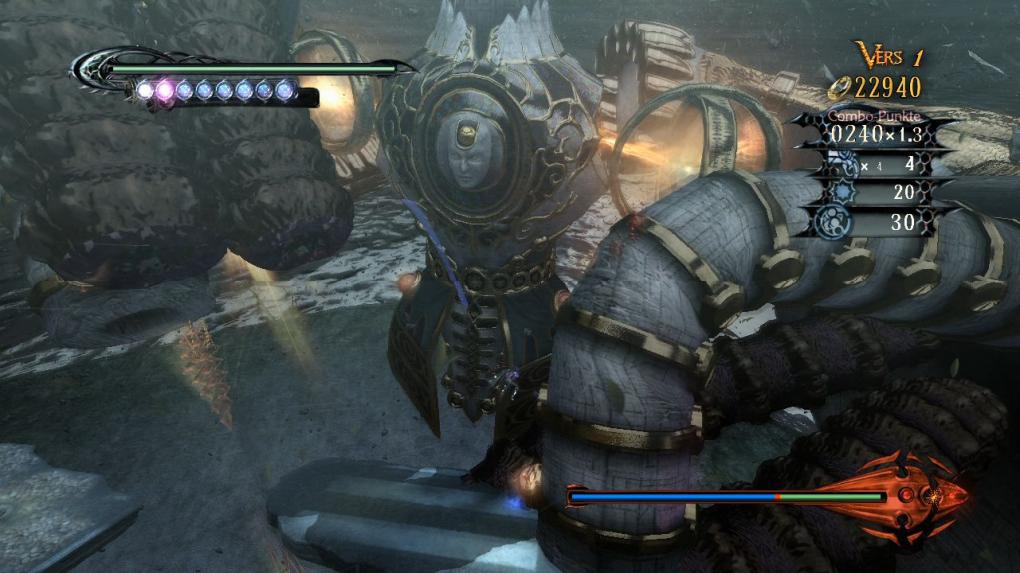 Na, habt ihr Bayonetta gefunden? Sie ist das kleine Pixelhäufchen knapp unterhalb der Bildmitte. Das ist halt mal ein echt dicker Endgegner!