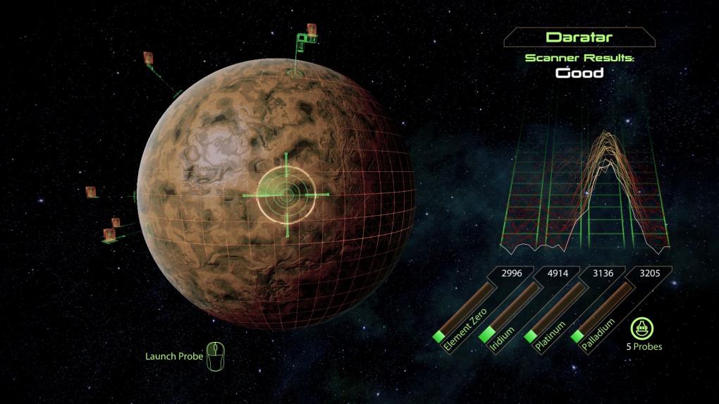 Mit dem Scanner tasten wir Planeten nach Rohstoffen ab. Je weiter die Kurve im Graphen am rechten Bildschirmrand ausschlägt, umso ergiebiger ist das Depot. Anomalien finden wir anhand des kleinen weißen Pfeils im Fadenkreuz.