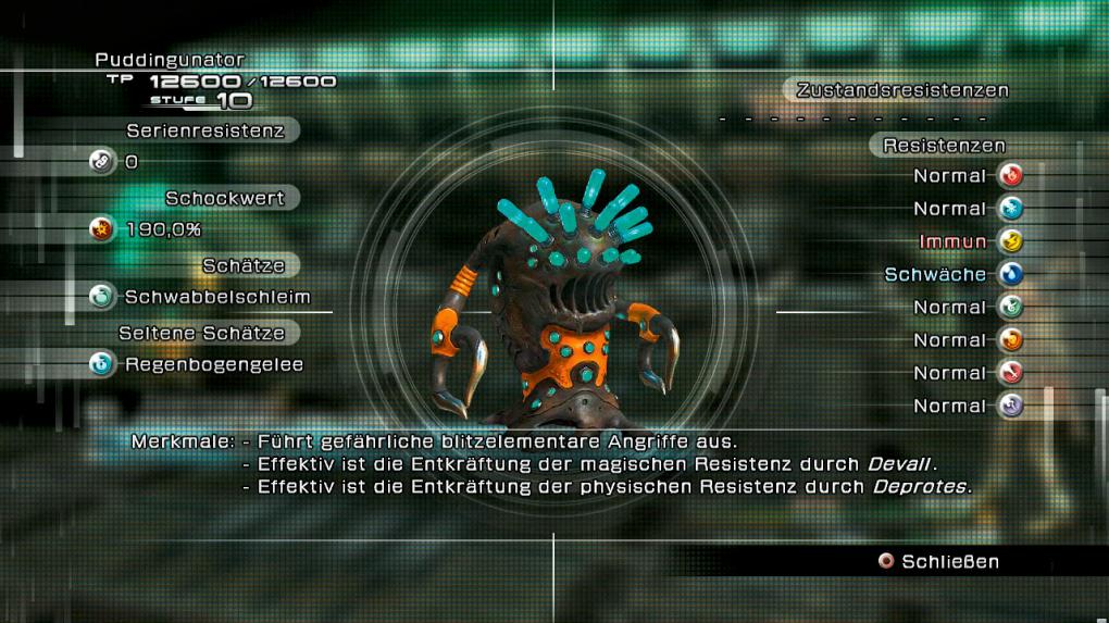 Welch Wortkreation die Entwickler hier wieder geschaffen haben! Der Puddingunator ist im wahrsten Sinne des Wortes geladen. Sein Stromschocker blitzt in einem großen Areal eure Helden an und verteilt dabei gut Schaden. Darüber hinaus ist er ziemlich zahm und lässt sich sehr leicht schocken (passt irgendwie).
- Stärken: Blitzimmun, Flächen-Blitzattacke 
- Schwächen: Keine Zustandsresistenzen, keine Serienresistenz, wasserempfi ndlich