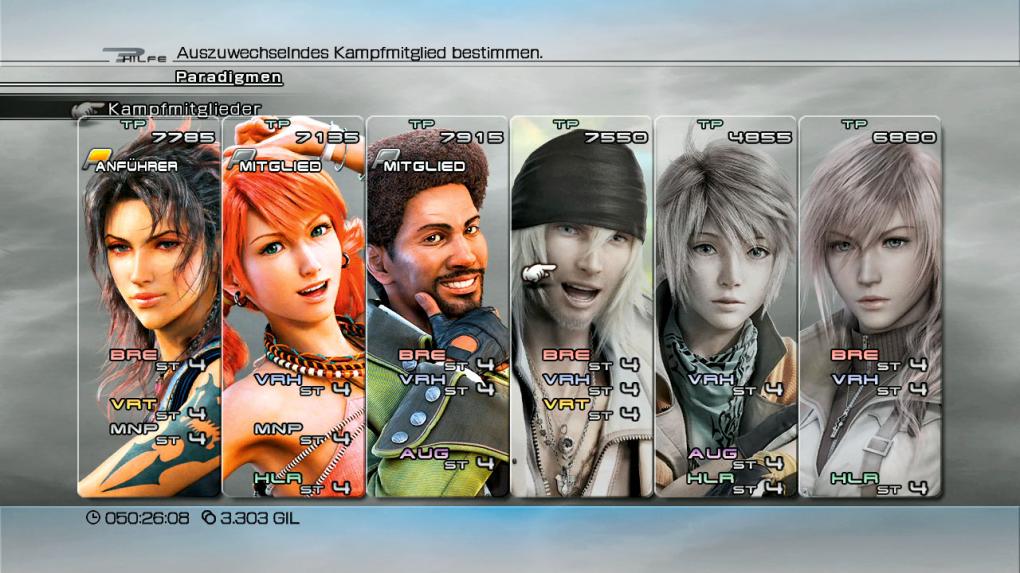 Final Fantasy 13-Teamaufstellung: Allroundbegabt - Unser absoluter Favorit unter den Teamaufstellungen. Mit Fang, Vanille und Sazh seid ihr unglaublich anpassungsfähig und könnt jedes gute Paradigma bilden. Besonders klasse ist, dass ihr beide Manipulatoren und den offensiven Augmentor beisammen habt. Somit lassen sich Kämpfe fatal beschleunigen, da Sazh eure Angriffsfähigkeiten deutlich verbessert und die zwei Mädels die Feindabwehr kräftig senken. Das Verhältnis von Brechern und Verheerern ist angenehm ausgewogen und selbst eine gute Abwehrstellung ist ohne Weiteres möglich. Wählt entweder Fang oder Sazh als Anführer, beide eignen sich gut. Fang blockt als Verteidiger beinahe alles weg und Sazh besitzt ein solides Lebenspunkte-Polster.