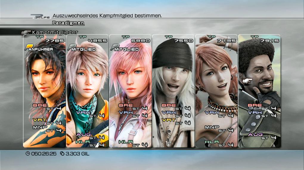Final Fantasy 13-Teamaufstellung: Schaden über alles - In dieser Teamzusammenstellung habt ihr die drei besten Schadensverteiler des Spiels auf einem Fleck. Hope und Lightning können in Verheerer-Form super Serien pushen, während Fang als Brecherin drauf kloppt. Der daraus resultierende Schaden ist enorm und stellt alles andere in den Schatten. Gleichzeitig verfügt ihr sogar über zwei Heiler und der Umstand, dass ihr alle sechs Klassen vertreten habt, macht euch wunderbar flexibel. Somit lassen sich für alle Situationen gute Paradigmen mixen und selbst eine sehr defensive Spielweise ist dank Fang als Verteidiger und Hope als Augmentor denkbar. Hier seid ihr zwingend auf Fang für die Führung angewiesen, da ihre beiden Kameraden noch weniger Lebenspunkte haben.