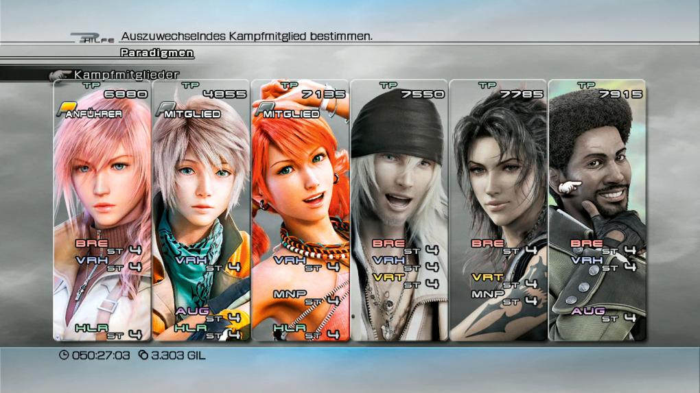 Final Fantasy 13-Teamaufstellung: Magische Momente - Mit Vanille, Hope und Lightning habt ihr die volle Packung Magie und Heilpower an Bord. Mehr magischen Schaden könnt ihr nicht austeilen, vor allem wenn ihr zunächst mit Vanilles Manipulationen die magische Abwehr eurer Opfer schwächt. In dieser Aufstellung fehlt euch zwar ein Verteidiger, doch mit Hopes defensiven Augmentor-Zaubern schafft ihr euch Abhilfe. Diese Kombination mag nicht perfekt sein, eignet sich aber trotzdem ganz gut für normale Kämpfe und nicht so mächtige Bosse. Mit Lightning als Brecher und den beiden Verheerern schockt es sich schließlich super. Richtig doof hingegen: Euer Team besteht aus den drei Charakteren mit den wenigsten Lebenspunkten, daher habt ihr in jedem Fall einen anfälligen Anführer.