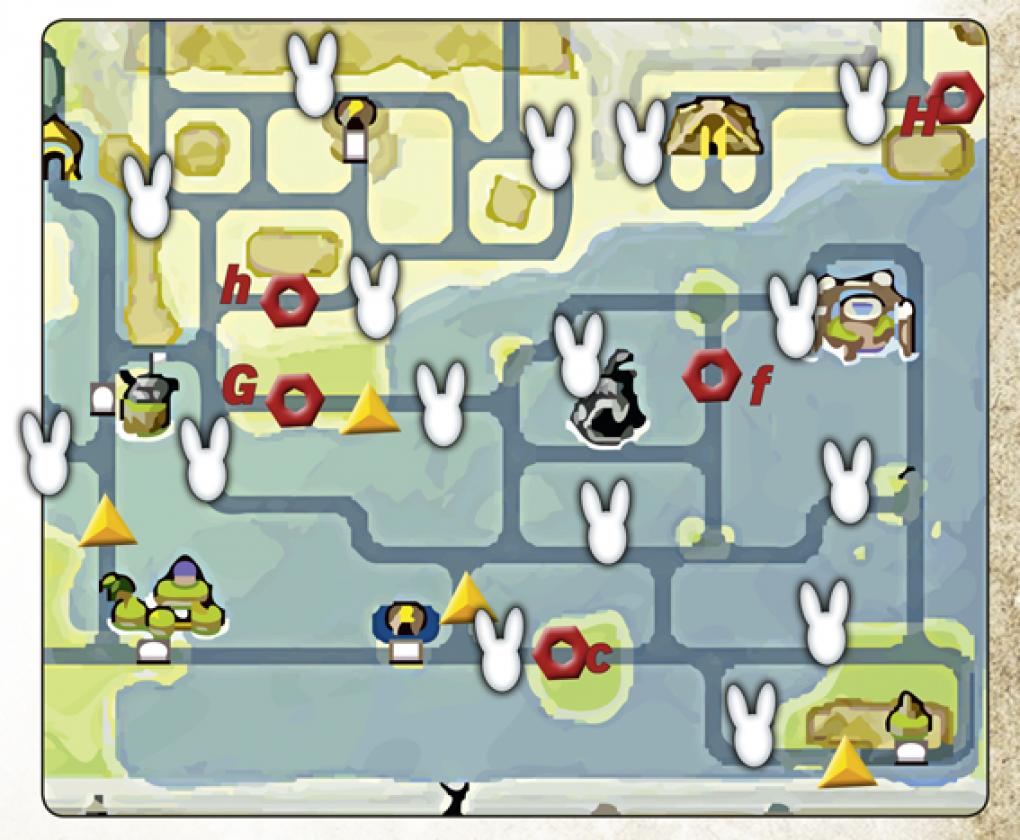 Legende: 
- Hase - Standorte aller Hasen
- Dreieck - Fundorte aller Force-Kristalle
- Sechseck - Start- und Zielpunkt aller Warptore