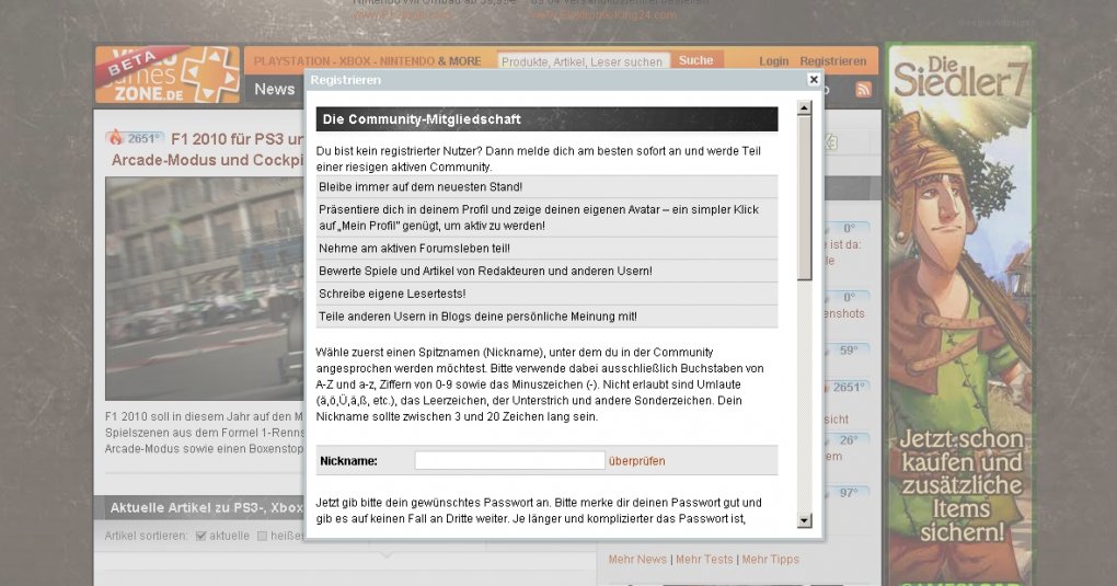 Die neue Videogameszone.de: Falls ihr noch nicht angemeldet seid, so nutzt ihr den Restrierungsbutton rechts oben. 