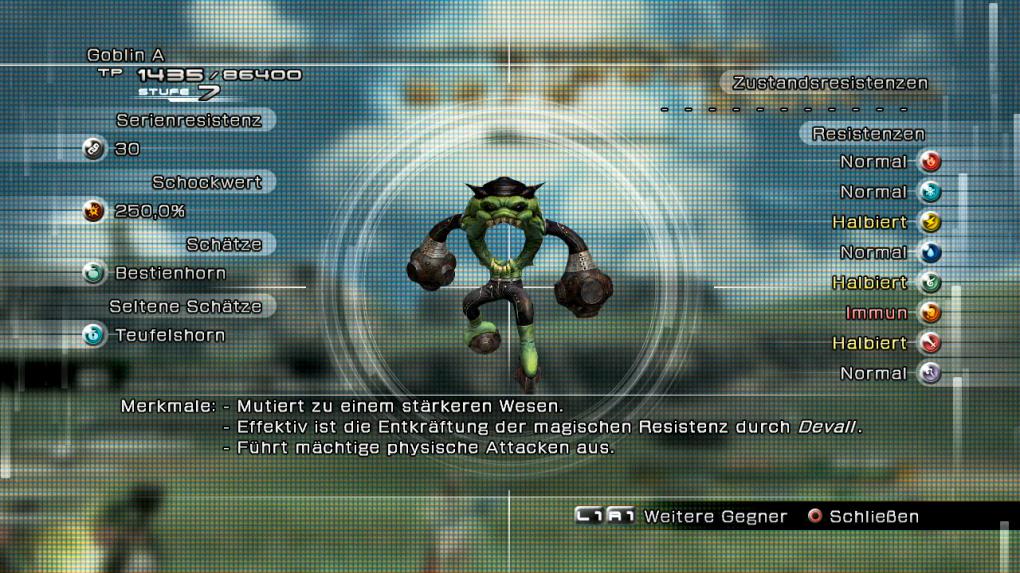 Im Gegensatz zum Munchkin kann man den grünhäutigen Skater sogar ernst nehmen. Handhabung und Verhaltensmuster sind dafür absolut identisch, er ist nur in allen Belangen nicht so eine Niete. Gerade die körperliche Resistenz verhilft ihm zu mehr Defensivleistung. Eure Stichwörter: Blitzschlag und Schock. 
- Stärken: Blitz-, wind- und physischresistent, erdimmun 
- Schwächen: Keine Zustandsresistenzen, leicht zu schocken 