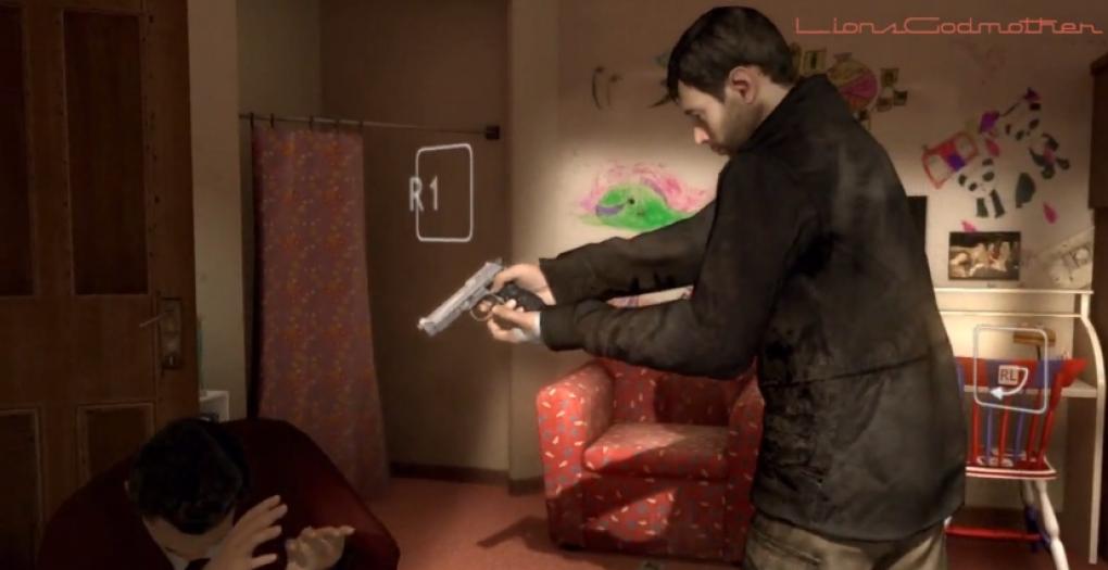 Heavy Rain - The Shark: In dieser Szene soll Ethan einen Mann töten, um seinen Sohn zu retten. Der Spieler wird hier vor eine krasse, moralische Entscheidung gestellt. Während das Opfer auf Knien um sein Leben fleht, entscheidet der Spieler selbst, ob er schießt oder nicht. Die Moralfrage dieser Szene ist gleichzeitig das Motto des Spiels: 'How far would you go to save someone you love?'