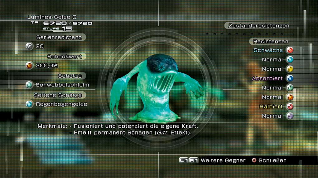 Es gibt weitaus Gefährlicheres als Lumines-Gelees, doch lasst jetzt nicht gleich eure Deckung fallen. Die Wabbeldinger können dank der Einverleiben Technik mit einem anderen Exemplar verschmelzen und somit zum Alchemie-Gelee fusionieren. Euch bleiben nur wenige Sekunden nach der Verschmelzung, um das Lumines-Gelee noch fix zu erledigen.
- Stärken: Absorbiert Wasser, physische Resistenz, kann vergiften, kann fusionieren
- Schwächen: Keine Zustandsresistenzen, feuerempfindlich, leicht zu schocken, wenige HP