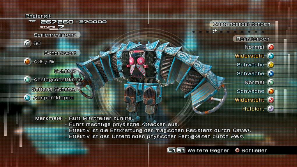 Eine Super-Phalanx mit besseren Hopliten? Das könnte glatt ekelhaft werden. Aber auch nur so lange, bis ihr Pein auf die Metalleimer zaubert. Zack, keiner darf mehr zuhauen. Außer euch! Tja, blöd gelaufen für das Altmetall, was? 
- Belohnung: 3 Teilchenbeschleuniger 
- Stärken: Eis- und schadensresistent 
- Schwächen: Blitz-, wasser- und erdempfindlich, kaum Zustandsresistenzen 